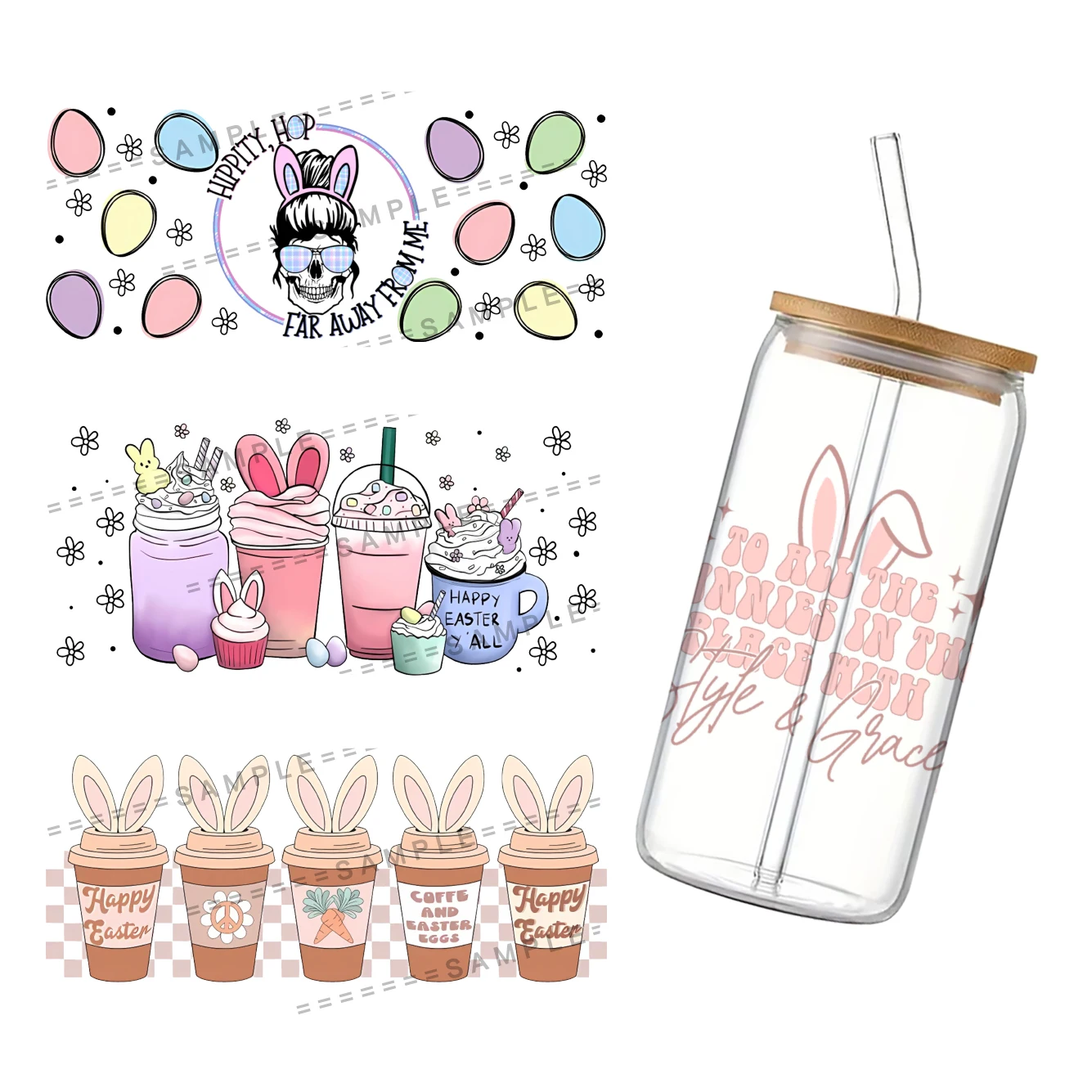 

Кролик Пасха UV DTF чашка обертка для 16Oz Libbey стекло может DIY переводная наклейка