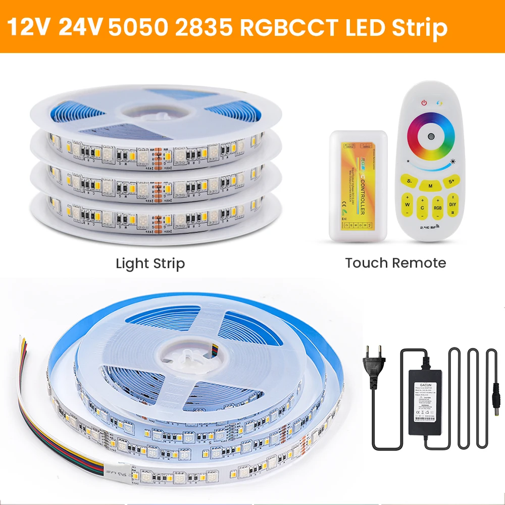 

RGB CCT LED Strip DC 12V 24V With Remote 120Leds/M SMD 5050 2835 Flexible Ribbon Tape Rope Light Lamp EU US UK AU Set