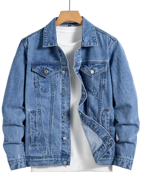 Veste en jean bleu pour homme pour le printemps et l'automne. Conception multi-poches. Taille régulière avec un style décontracté de rue élégant. 1