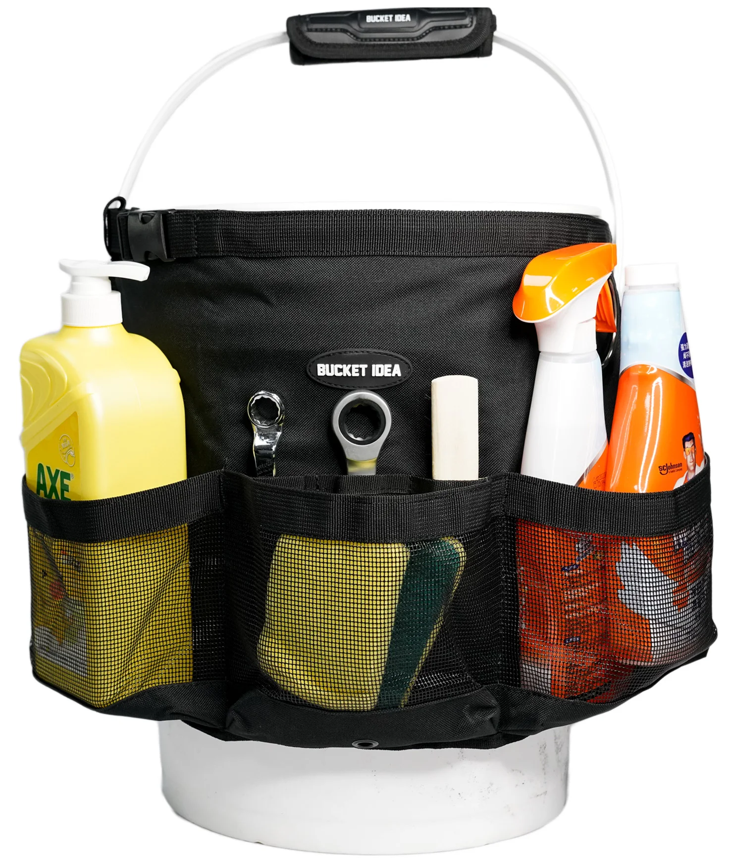 KUNN 5 Gallon Black Polyester Car Wash Bucket with Towel Holder, Soap Pockets and Water-Resistant Mesh Pockets