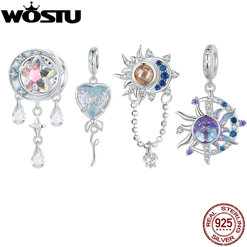 

WOSTU 925 Sterling Silver Sun Moon Charm Rainbow Crytal pendant Dream Catcher beads Fit origianl Bracelet Necklace DIY Gift