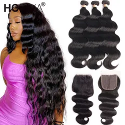 38 40inch Body Wave Bundles With Closure Brazilian Remy Human Hair Bundles With Closure 3 Bundles With T Part Closure For Women