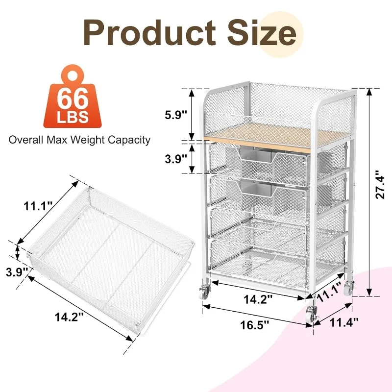 Rolling Makeup Cart Organizer with 4 Drawers, Floor Skincare Organizers with Wheels, Cosmetics Display Cases, 5