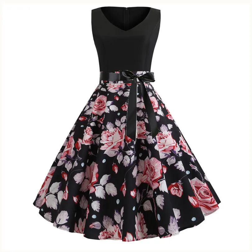 Women Summer Dress Casual Floral Print Retro Vintage Dresses Sleeveless  High Waist Elegant Office Ladies Party Sundress - AliExpress 200000345