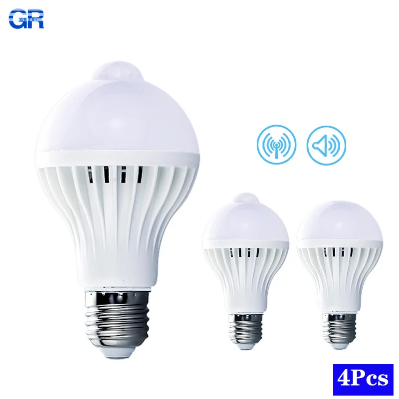 4pcs/lot Led PIR Motion Sensor Lamp 220V 3W 5W 7W 9W 12W LED Bulb With Sound Sensor E27 Infrared Radiation Motion Detector Light