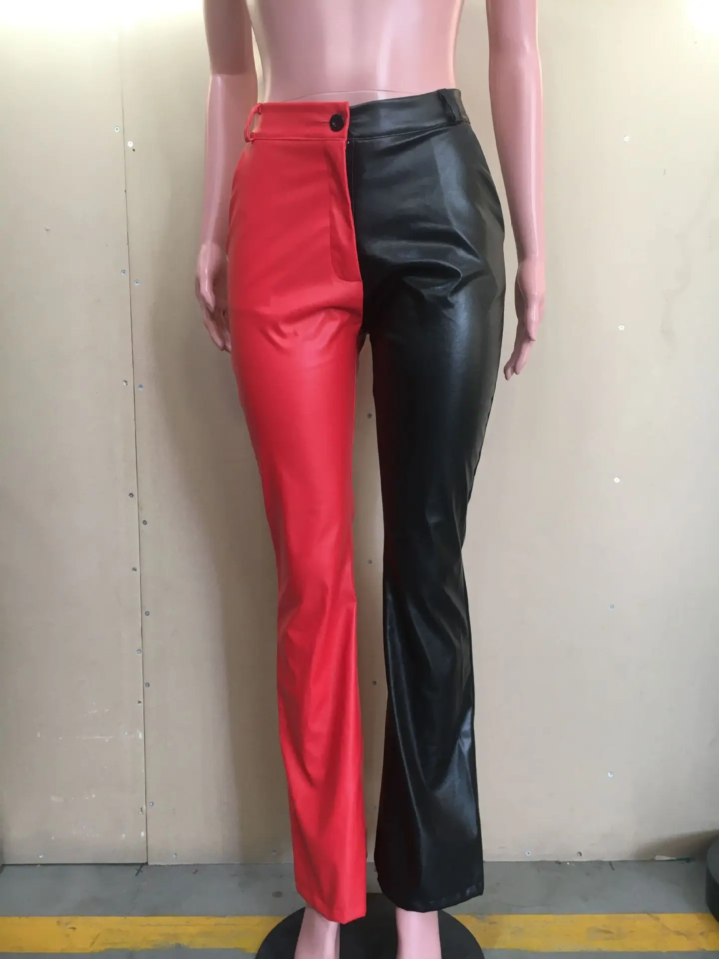 Y5217 European and American women's Fashionable Spring and Autumn Color Blocking PU Leather Bell-Bottoms