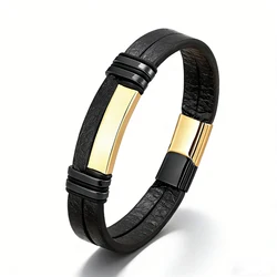 Men's Multi - Strand Braided Leather Bracelet with Stainless Steel Clasp - Trendy Fashion Jewelry Gift - 21cm (Black Gold Color)