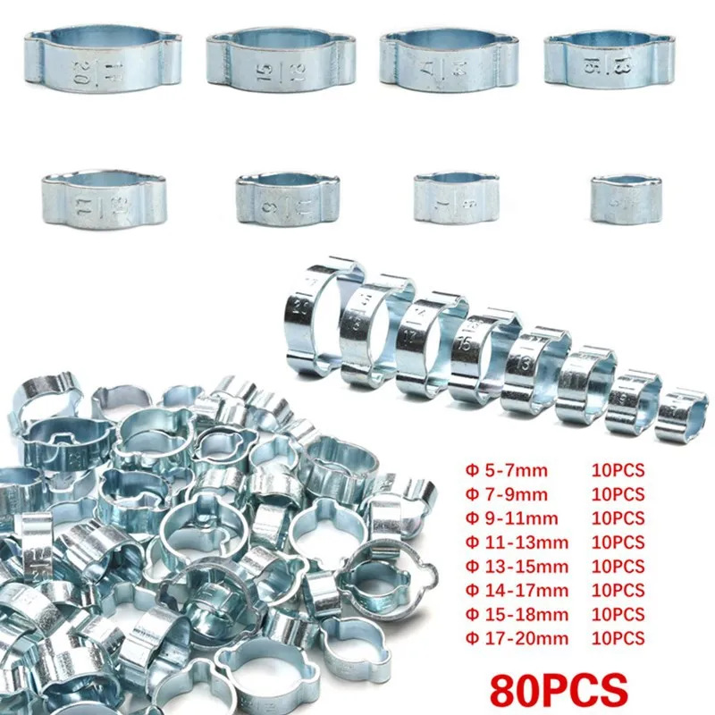 80PCS Double Ear Clamp O Clips-Crimp Clip Air Silicone Petrol Water Fuel Hose Pipe Stainless Steel Hose Clamps Cinch Ring