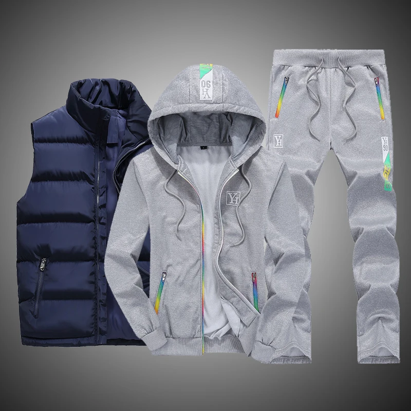 Men Tracksuit Outfit Sweat Suit New Winter Men's Clothing Men Sets 3 Pieces Vest Hoodie Set Fleece Zipper Casual Sport Sweatpant 17
