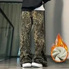 Winter Girls Chic Leopard Thermal High Waist Plush Jeans Women Fleece Snow Warm Thin Denim Pants Lady Baggy Daily Trousers