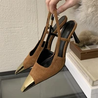 Aneikeh Street Style Sexy Pointed Toe Slingbacks Pumps Women Stripper Sandals High Heels Female Banquet Shoes Brown Kitten Heels - Image 2