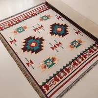 Aztec Blanket, Oversized Boho Throw Blanket with Fringe, Southwestern Geometric Tapestry Vintage Woven Throw Blankets, Double-Si 2