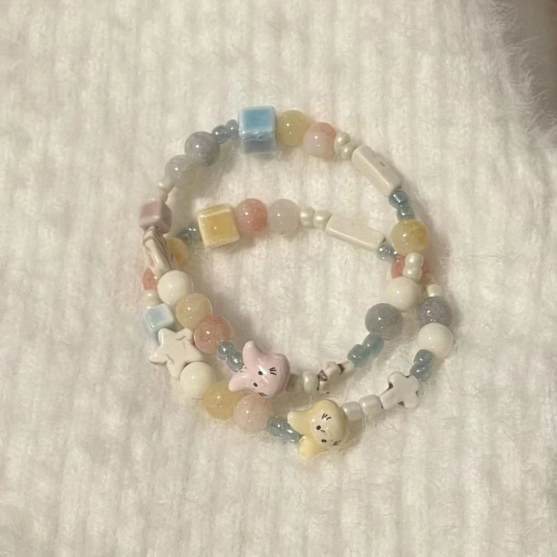 Ceramic Bead Elastic Bracelets Delicate Cute Rabbit Handchain Charming Jewelry Sweet Round Square Bead Bracelets Jewelry