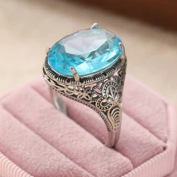 Dazzling Silver Inlaid Sea Blue CZ Women's Ring - Elegant Geometry Daily Wear Party Jewelry - 8 (Ring)