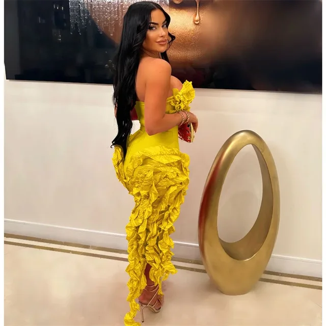 Robe d'anniversaire élégante à volants et franges pour femmes, tenue de soirée longue de célébrité, irrégulière, sans bretelles, sans manches, 2024