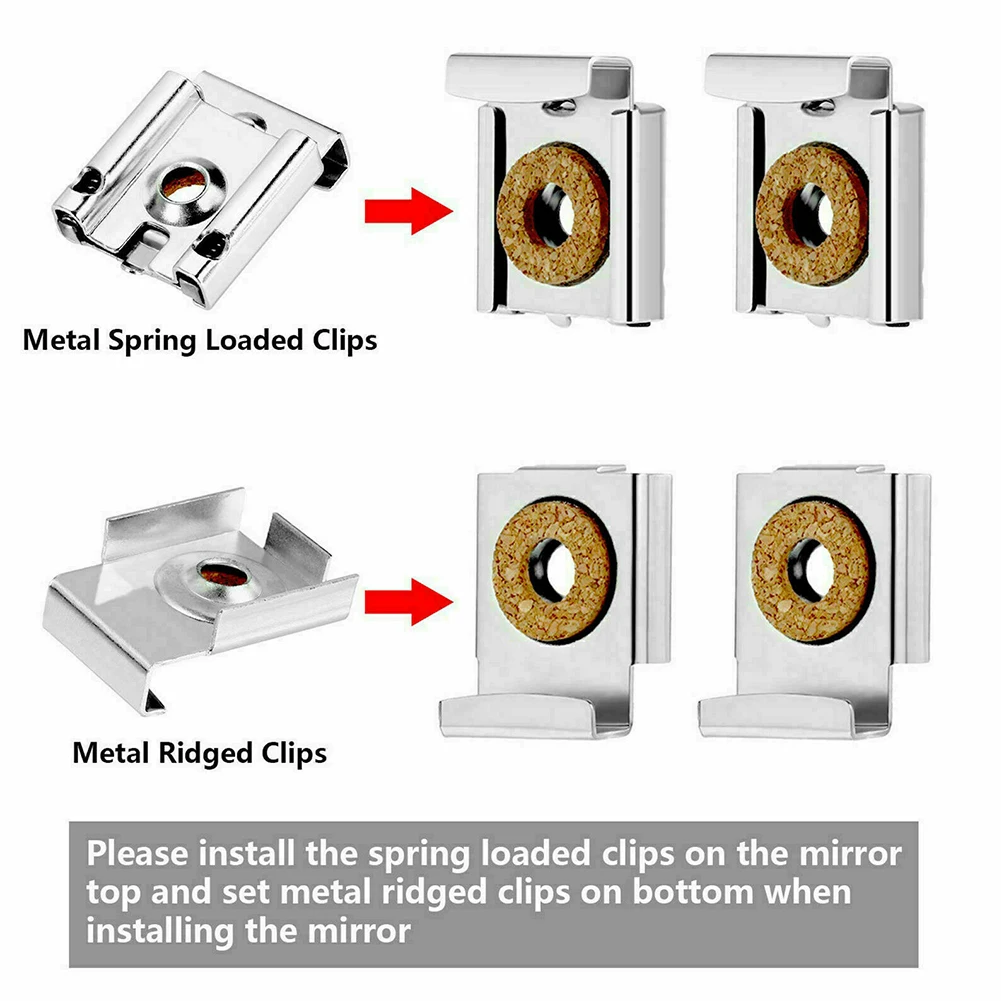 2 Sets (8 Pieces) Spring Loaded Mirror Hanger Clips Set Unframed Mirror  Mount Clips with Screws and Rawl Plugs