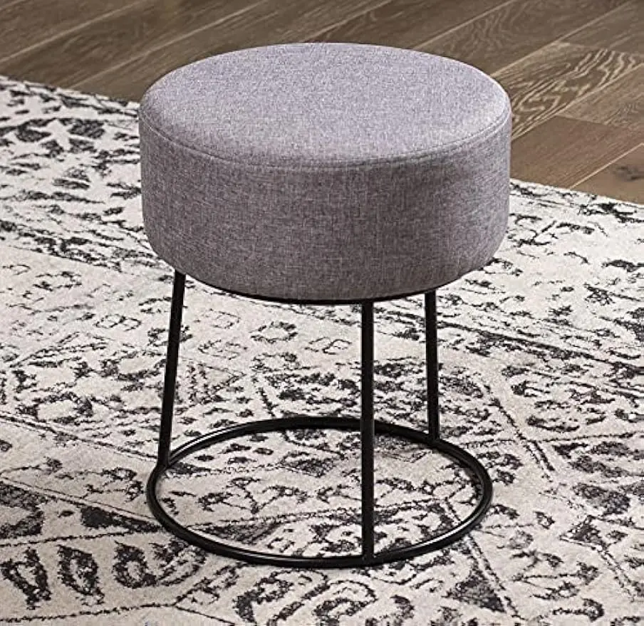 Foot Rest Linen Ottoman - Upholstered Vanity Chair with Black Metal Legs - Soft Padded Round Stool for Living Room, Bedroom