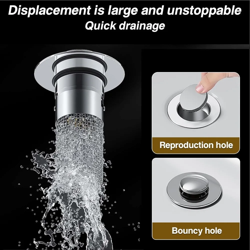 2Pcs Bathroom Sink Stopper Hair Catcher, Pop Up Sink Drain Filter with Removable Stainless Steel Filter Basket Hair Catcher