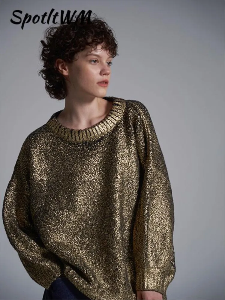 

Women Metallic Solid O Neck Sweater Vintage Loose Long Sleeve Shinny Pullover 2023 Autumn Female Fashion Street Chic Jumper