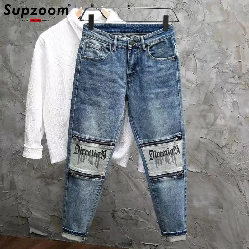 

Supzoom New Arrival Hot Sale Top Fashion Autumn Zipper Fly Stonewashed Casual Patchwork Cargo Denim Pockets Cotton Jeans Men