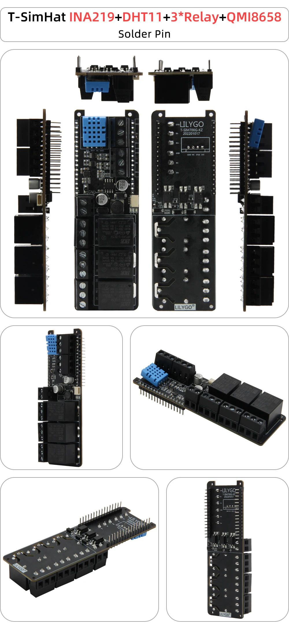 ® T-SimHat Expansion Board with CAN RS485 1/3-Way Relay DHT11 INA219 QMI8658 Com