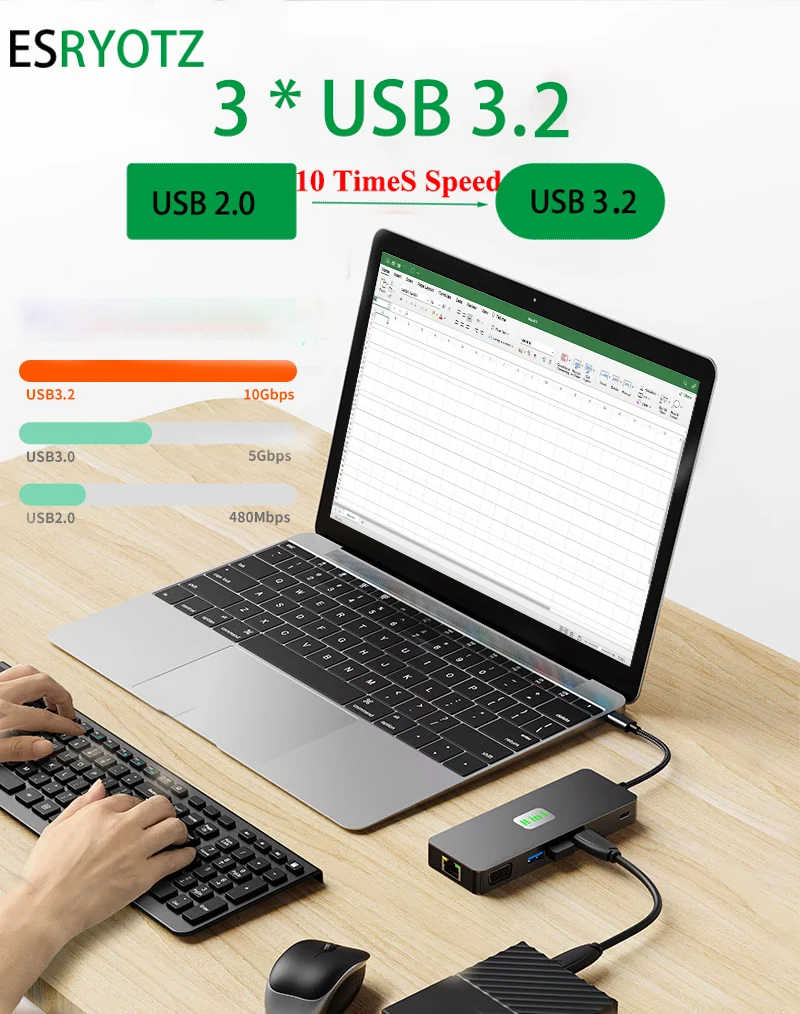 노트북용 멀티 포트 C타입 허브, 4k HDMI 호환 USB C 허브, USB 3.2, PD100W, TF, SD, 11 인 1 기가비트 LAN, 맥북용, 10 개