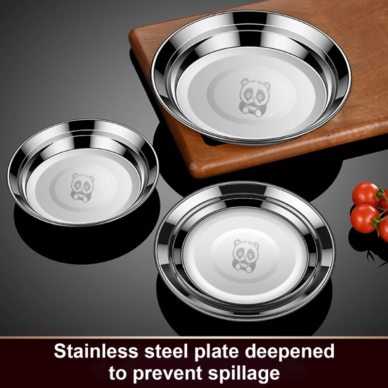 Set of 3 Elegant 316 Stainless Steel Serving Plates Dish with Reinforced Edges
