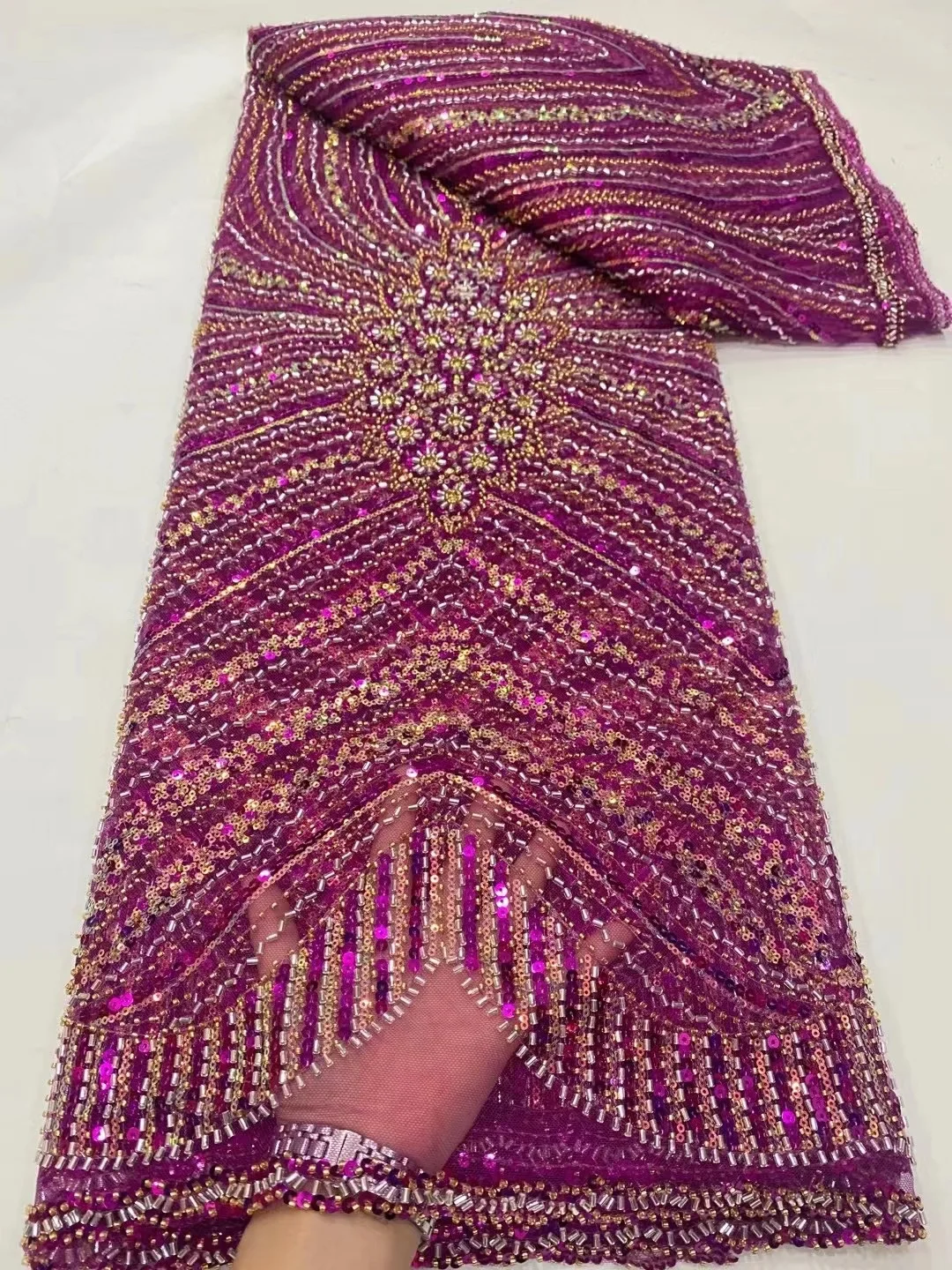 

New Luxury African Sequin Lace Fabric 2023 French Net Sequence 3D Embroidery Nigerian Party Gold Line Material