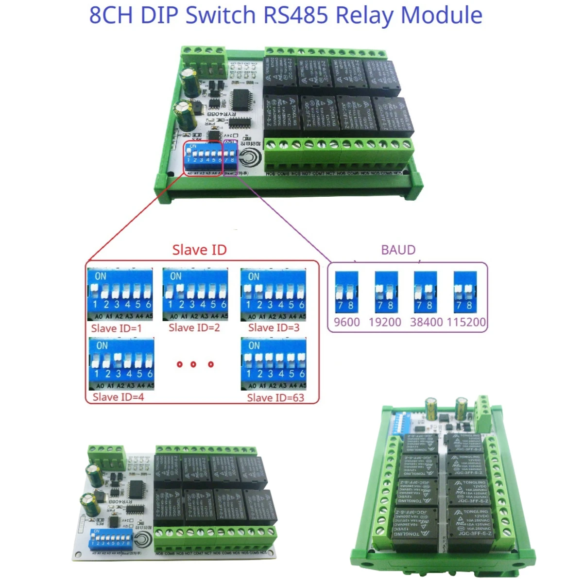 DC 12V 24V 8CH DIP 스위치 세트 매개변수 RS485 릴레이 보드 Modbus RTU PLC 원격 IO 모듈 RYR408B C35 DIN BOX