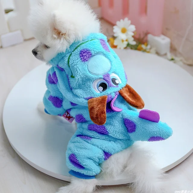 1PC Pet Apparel Dog Autumn and Winter Plush Thickened Blue Dinosaur Monster Four Legs Suitable for Small and Medium sized Dogs 5