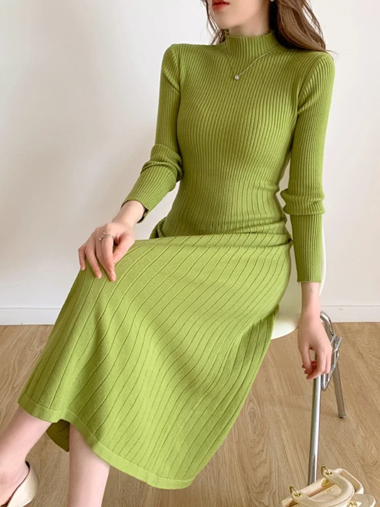 Autumn Winter 2024 Slim Long Sleeve Party Midi Dress for Women Knitted Half High Collar Elegant Knitted Sweater Dresses Ladies 4