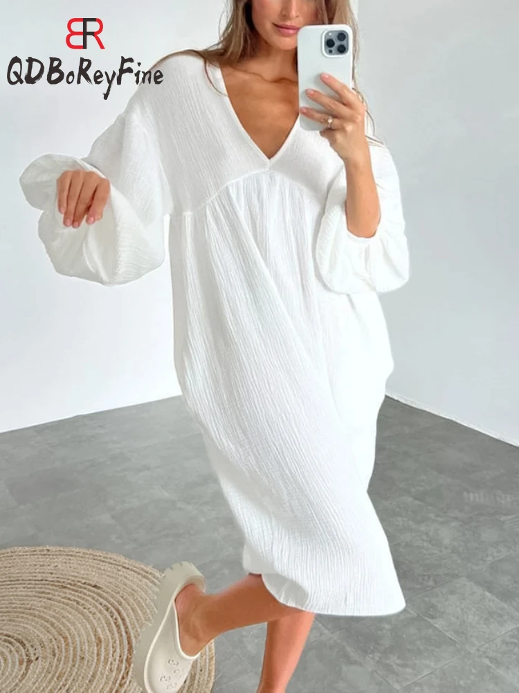 

Women Dress 100% Cotton Long Sleeve Nightgown Homewear Casual Sort V-Neck Solid Pajamas Oversized Night Midi Dresses for Women