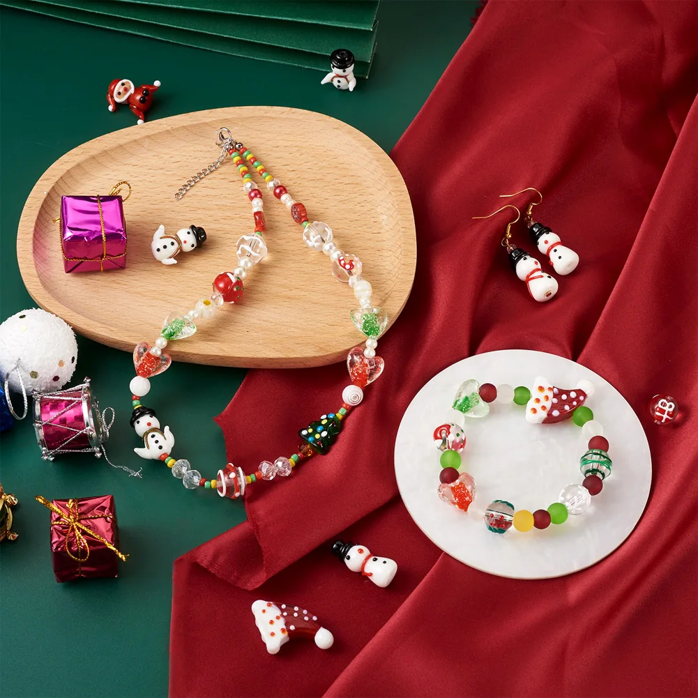 Christmas Lampwork & Transparent Glass Beads Xmas Tree Santa Claus Snowman Colorful Bead Charms DIY Jewelry Making Finding Kit