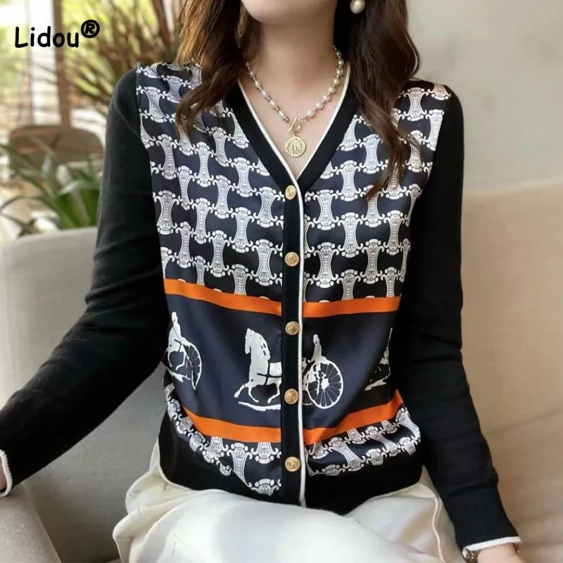 

Women's Fashion Printed Long Sleeve Cardigan Autumn Winter Casual Commute V-Neck Contrast Color Spliced Tops Female Clothing