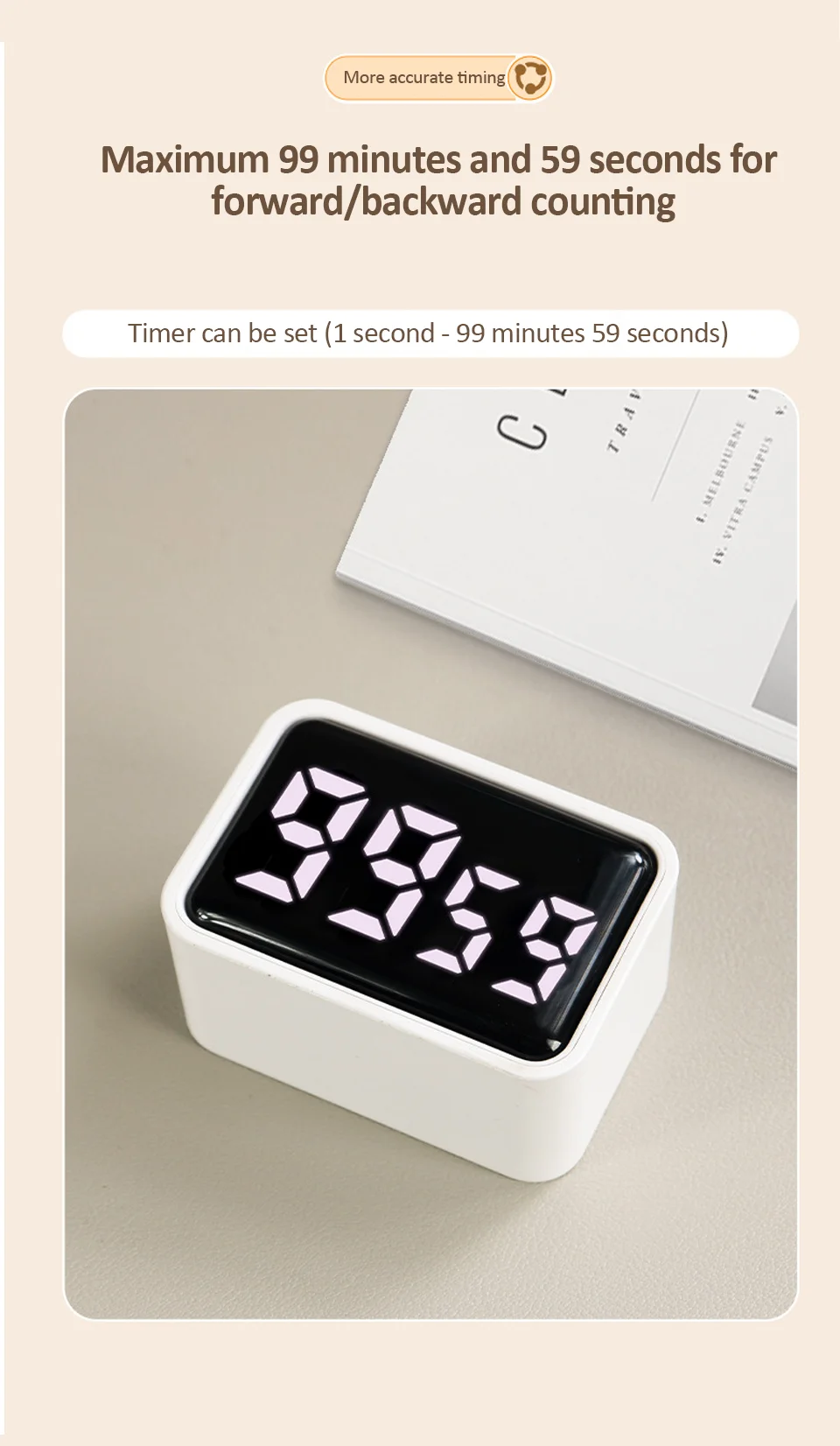 Mini Digital Timer LED Visual Timer for Studying Cooking Positive Countdown Clock 3 Preset Time Home Rechargeable Kitchen Timer_voghion.com