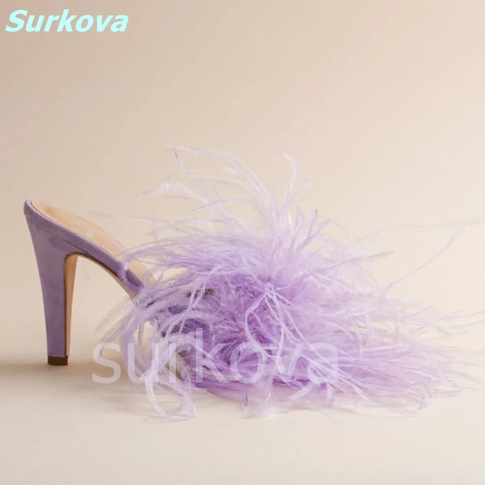 

Light Purple Feather Sandals Spike High Heels Peep Toe Sexy Fashion Stilettos 2022 Hottest Summer Women Daily Dress Party Shoes