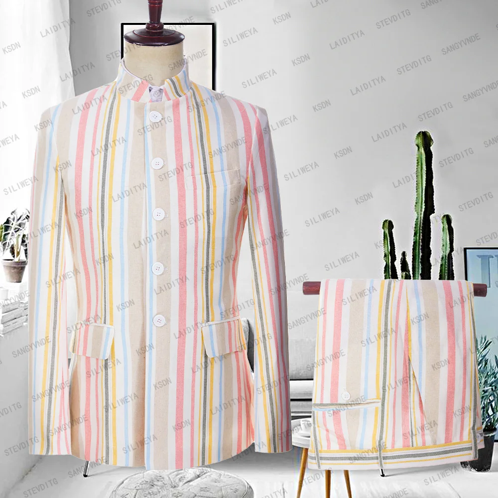 

2024 Summer Beach Colourful Linen Men's Stand Collar Casual Style Suit Tailor Made 2 Piece Suit Set Party Wear Man's Clothing