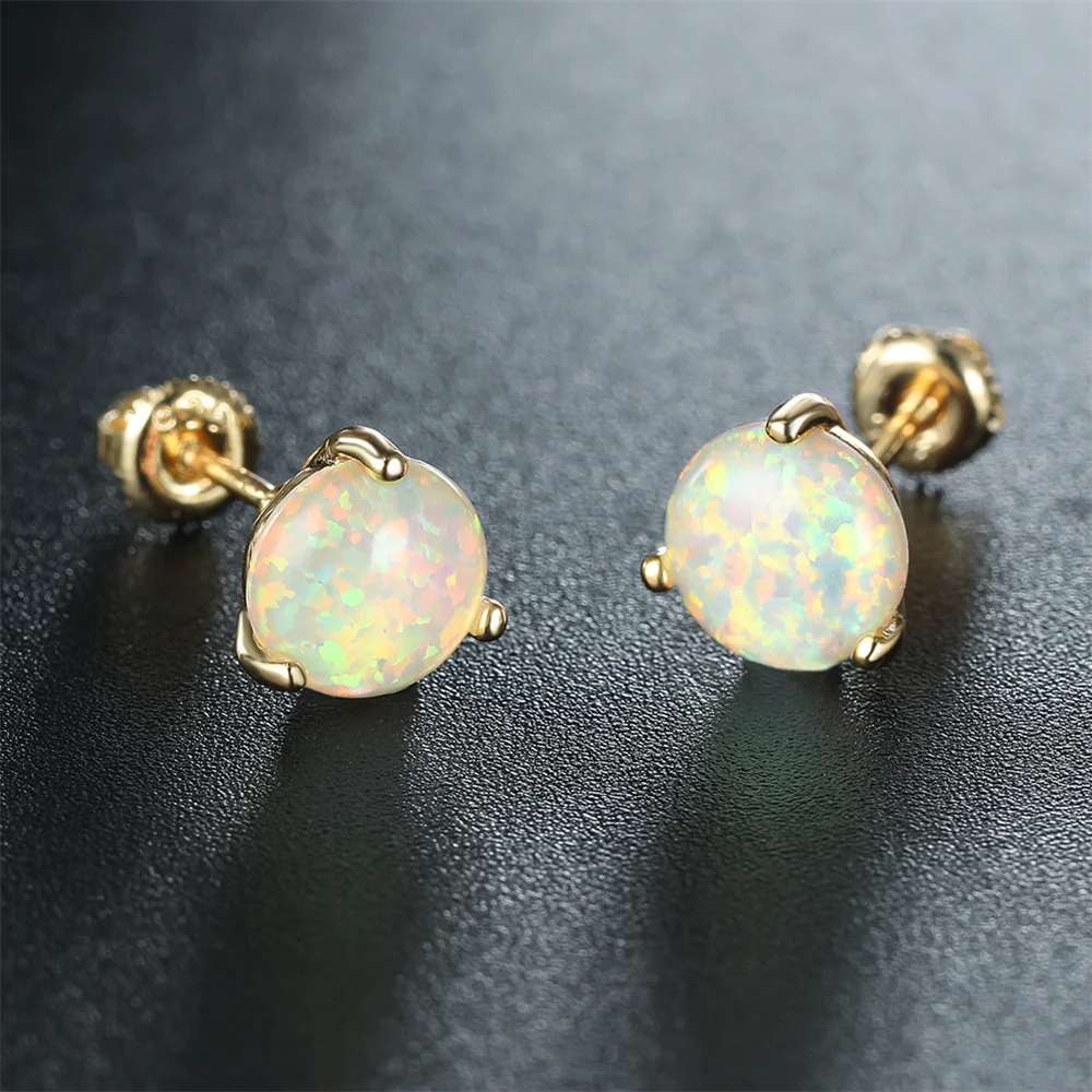 6/7/8MM Round Stone Screw Back Earring White Fire Opal Stud Earrings For Women Trendy Gold Color Wedding Jewelry Minimalist Gift