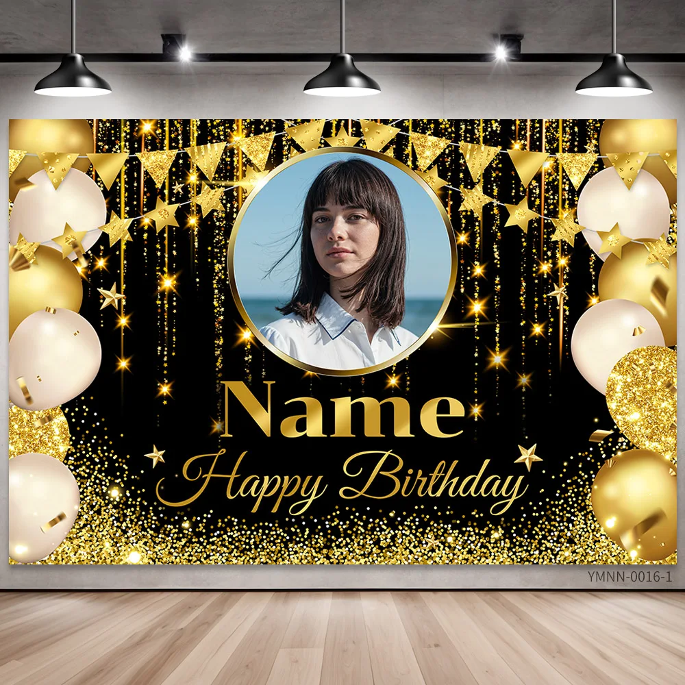Custom Photo Name Birthday Backdrop Personalized Banner with Glitter Lights for Party Wall Decoration