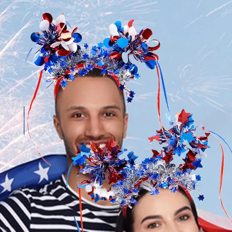 4th Of July Headband 6X Patriotic Hair Accessories With Red White Tassels Sphere Design Hair Decoration Costume Headwear For