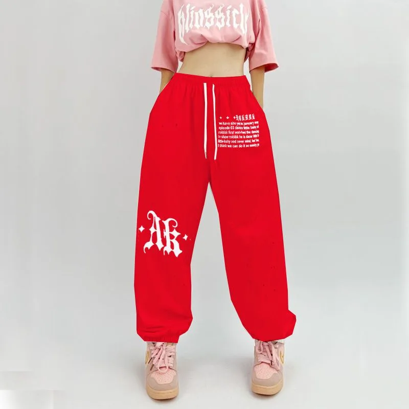 2024 Summer Women's New Patchwork Elasticized High-waisted Drawstring Pocket Letter Tie Feet Fashion Loose Sports Casual Pants