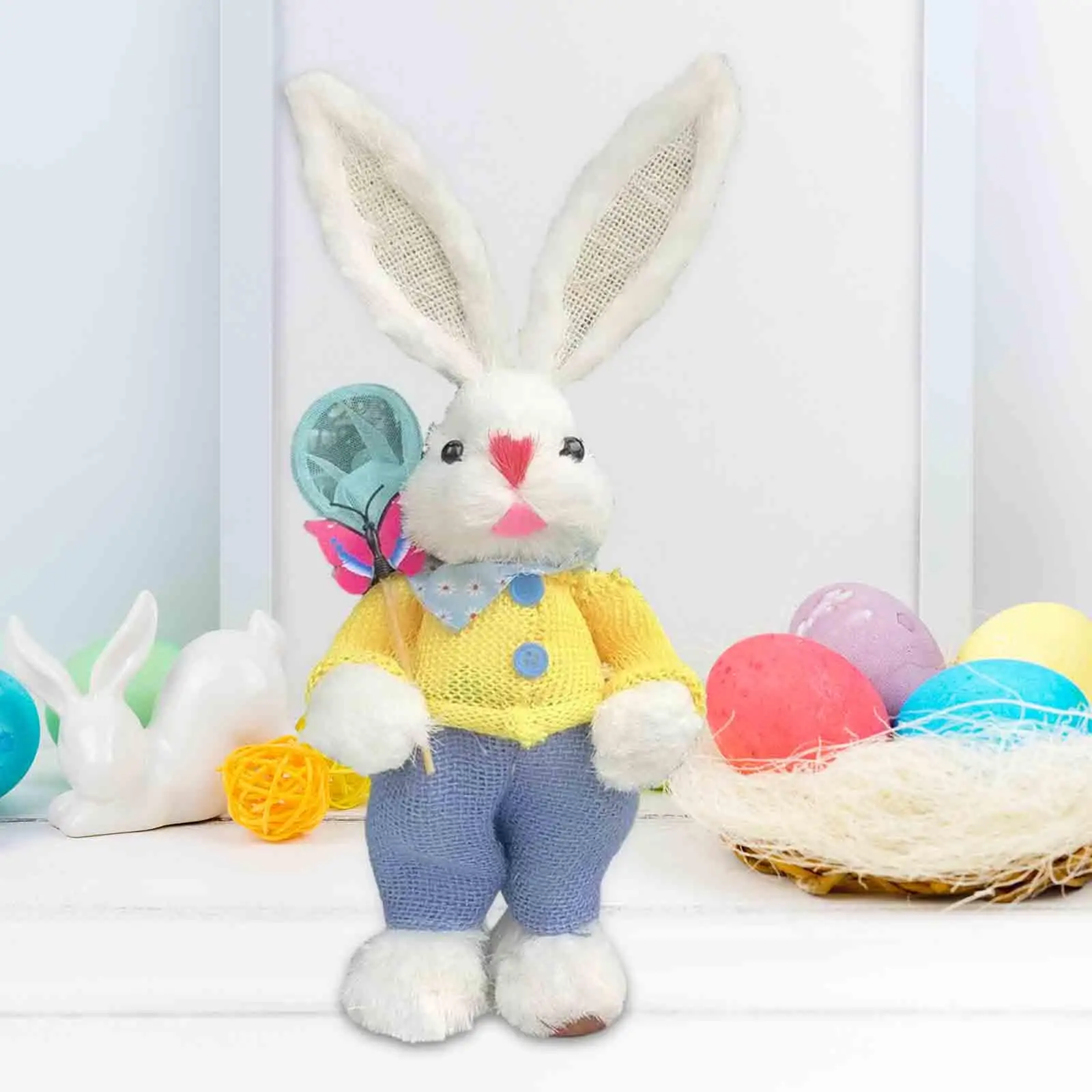Easter Straw Bunny Rabbits Tabletop Statue Artificial Animal Sculpture Animal Figurines for Farmhouse Desktop Easter Home Decor