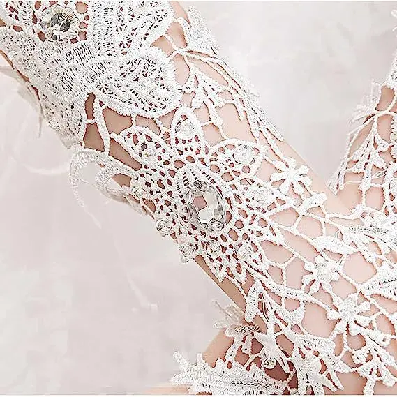 Lace Fingerless Bridal Wedding Gloves with Rhinestone for Women Paragraph Elbow Length lace gloves,wedding dress gloves
