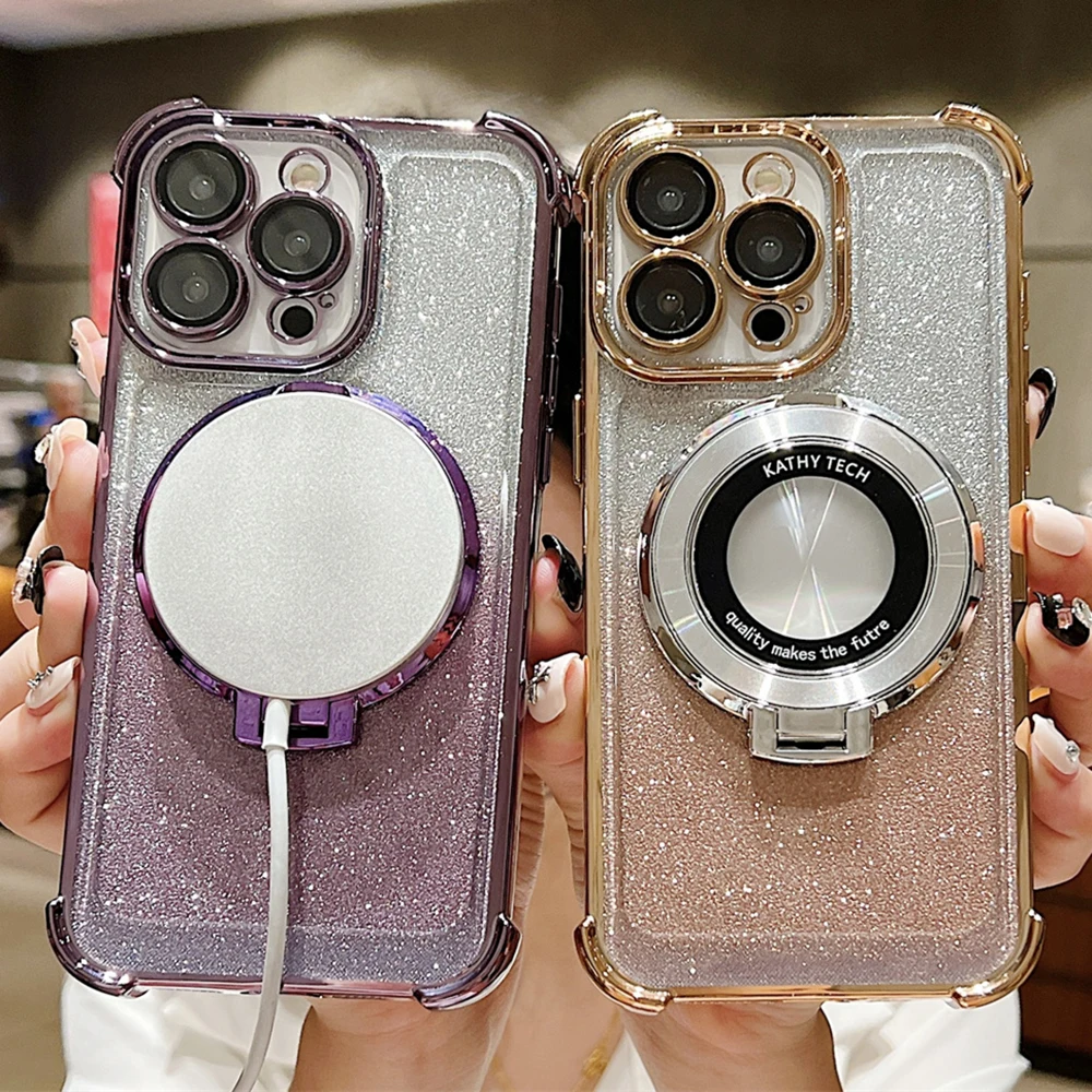 Farbverlauf Glitzer Magnetständer Klare Handyhülle für iPhone 15 14 Plus 13 12 11 Pro Max Bumper Objektivschutz Hard Cover_voghion.com