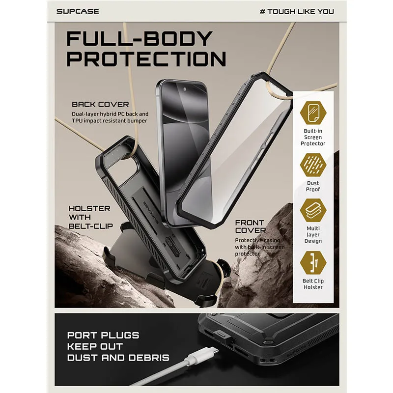 SUPCASE Rugged Full-Body Phone Case with Built-in Screen Protector, Belt-Clip, and Stand