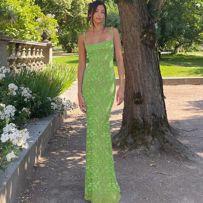 

Sexy Bodycon Long Maxi Dress Floral for Women Spaghetti Strap Slim Fit