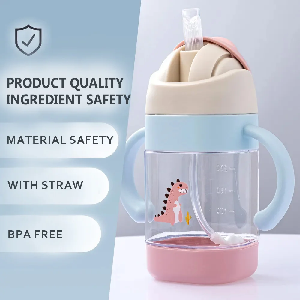 300ml Cartoon Dinosaur Straw Water Cup Children's Milk Bottle with Handle Birthday Gift