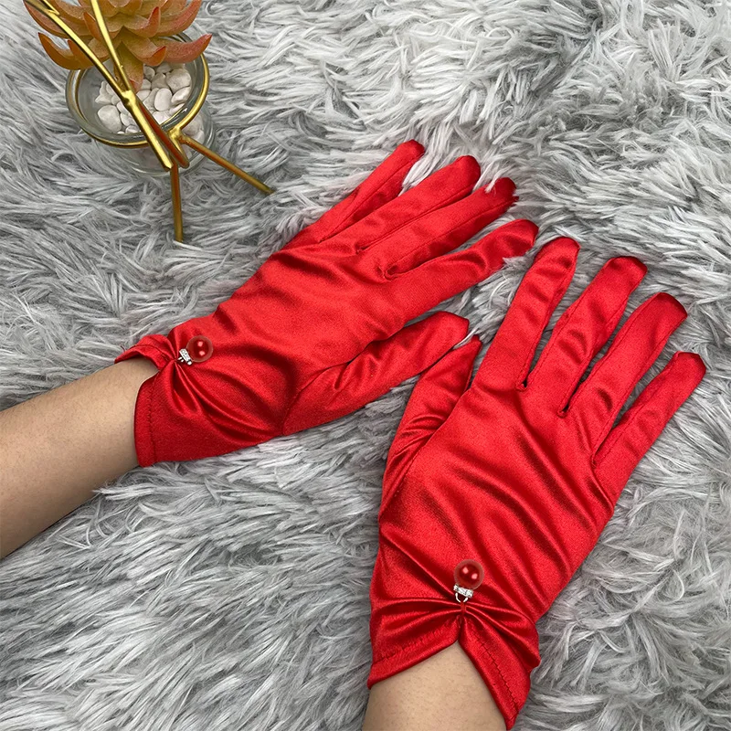 Women Wedding Dress Lace Gloves Satin Short Gloves Sunscreen Summer Anti-UV Elastic Thin Mittens Driving Full Finger Red White Black