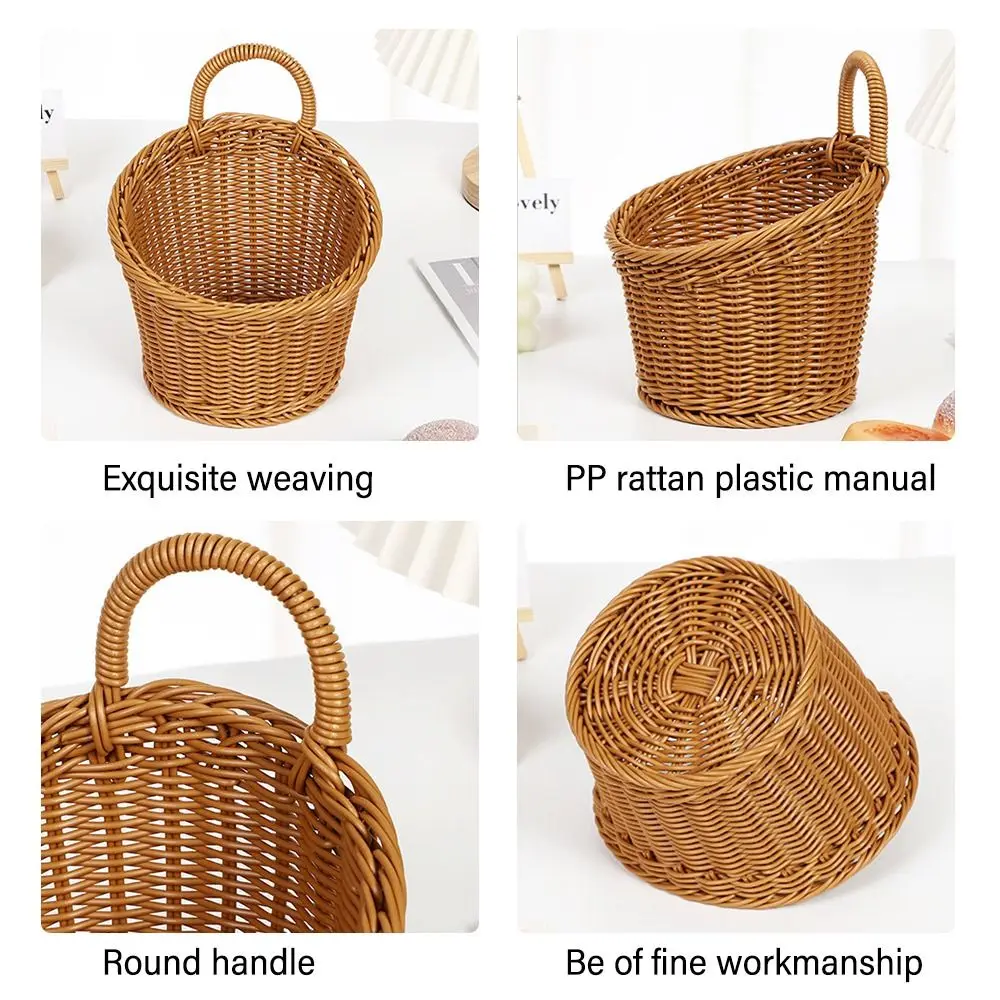 Imitation Rattan Kitchen Storage Basket Home Decoration with Handle Hand-woven Hanging Baskets Vegetable Fruit Flower Brown 3
