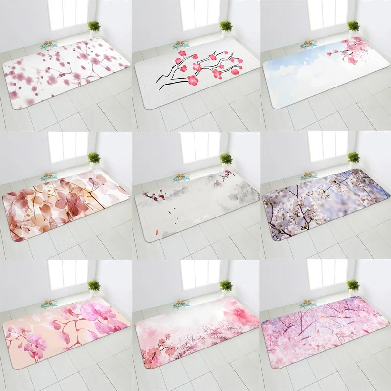 

Kitchen Carpet Bedroom Living Room Hallway Cherry Blossoms Floor Rug Anti-slip Entrance Doormat Flower Pattern Decor Bedside Mat